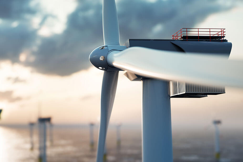 An awe-inspiring close up of a renewable energy wind turbine in the ocean, showcasing superior skilled trades.