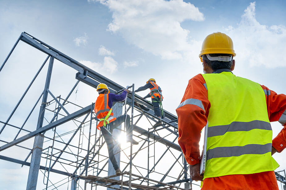 direct hire workers scaling frame of new building 