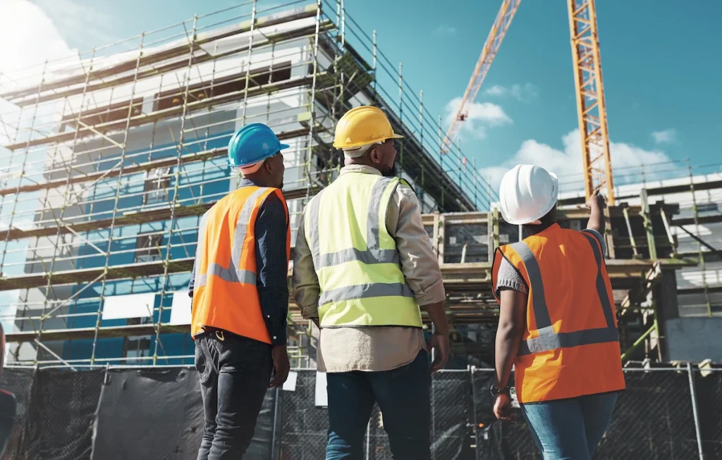 groups of skilled laborers at job site looking up at equipment