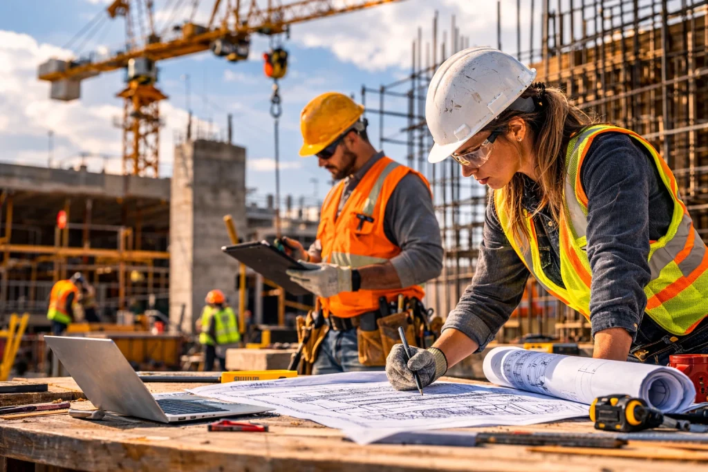 two workers going over plans at a job site