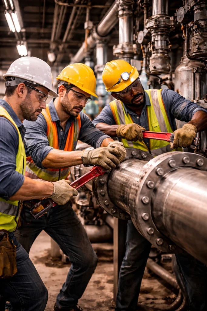 a group of tradesmen fitting and tightening a large pipe